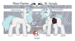 Size: 4009x2209 | Tagged: safe, artist:umiimou, oc, oc only, oc:moon painter, chicken, pony, unicorn, chibi, female, mare, reference sheet, saddle bag, simple background, solo, transparent background