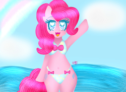 Size: 2600x1900 | Tagged: safe, artist:sweethearts11, pinkie pie, earth pony, pony, g4, bikini, bipedal, clothes, female, heart eyes, hind legs, rainbow, solo, swimsuit, waving, wingding eyes