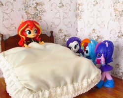 Size: 1315x1050 | Tagged: safe, artist:whatthehell!?, rainbow dash, rarity, sci-twi, sunset shimmer, twilight sparkle, equestria girls, g4, bed, bedroom, clothes, doll, equestria girls minis, glasses, irl, photo, shoes, skirt, toy, ultraminis, victorian