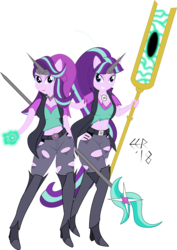 Size: 5409x7633 | Tagged: safe, artist:e-e-r, starlight glimmer, equestria girls, g4, absurd resolution, belt, clone, clothes, duality, evil, female, good, looking at you, magic, midriff, pants, ponied up, s5 starlight, simple background, solo, staff, staff of sameness, transparent background