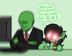 Size: 820x640 | Tagged: safe, artist:plunger, edit, oc, oc:anon, oc:filly anon, earth pony, pony, bitch please, computer, duo, female, filly, glowing eyes, glowing eyes meme, male, meme, shitposting, speech bubble, ur gay