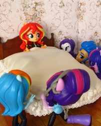Size: 1050x1301 | Tagged: safe, artist:whatthehell!?, flash sentry, rainbow dash, rarity, sci-twi, sunset shimmer, twilight sparkle, equestria girls, g4, bed, bedroom, clothes, doll, equestria girls minis, eqventures of the minis, irl, photo, shoes, skirt, toy, ultraminis, victorian