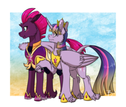 Size: 1024x871 | Tagged: safe, artist:inuhoshi-to-darkpen, fizzlepop berrytwist, tempest shadow, twilight sparkle, alicorn, classical unicorn, pony, unicorn, g4, alternate universe, armor, captain, cloven hooves, comforting, duo, dusk guard, feathered fetlocks, female, friendship, gradient background, gradient mane, gradient tail, hoof shoes, horn, large wings, leonine tail, mare, patreon, patreon logo, royal guard, signature, simple background, tempest becomes a royal guard, transparent background, twilight sparkle (alicorn), twilight's royal guard, unshorn fetlocks, wings