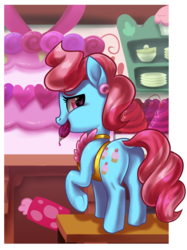 Size: 2593x3472 | Tagged: safe, artist:moonseeker, cup cake, earth pony, pony, g4, apron, butt, clothes, cutie mark, dishes, ear piercing, earring, female, food, frosting, heart, high res, icing bag, jewelry, looking back, mare, piercing, plot, smiling, solo, sugarcube corner