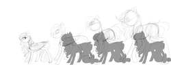 Size: 4704x1800 | Tagged: safe, artist:royalwolf1111, king sombra, oc, oc:cosmic harmony, oc:melody shard, earth pony, pegasus, pony, unicorn, g4, female, male, mare, simple background, size comparison, size difference, sketch, smol, stallion, white background, wings