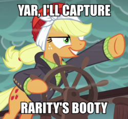 Size: 643x600 | Tagged: safe, edit, edited screencap, screencap, applejack, earth pony, pony, g4, ppov, applejack is best facemaker, captain jackbeard, caption, clothes, cropped, double entendre, female, image macro, implied lesbian, implied rarijack, implied shipping, mare, meme, outfit catalog, pirate, solo