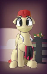 Size: 972x1524 | Tagged: safe, artist:shinodage, artist:xrei, oc, oc only, oc:jet stream, pegasus, pony, clothes, colored, jacket, male, sad, solo, stallion, varsity jacket