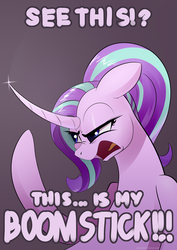 Size: 2480x3508 | Tagged: safe, artist:underpable, starlight glimmer, pony, unicorn, g4, army of darkness, ash williams, boomstick, curved horn, dialogue, evil dead, female, high res, horn, mare, reference, solo