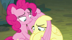 Size: 1280x720 | Tagged: safe, screencap, fluttershy, pinkie pie, earth pony, pegasus, pony, g4, season 8, the mean 6, animated, comforting, crying, cute, female, petting, shivering