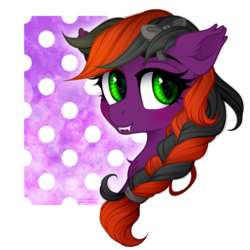 Size: 1250x1250 | Tagged: dead source, safe, artist:vird-gi, oc, oc only, oc:killjoy, bat pony, pony, bow, braided ponytail, bust, commission, cute, fangs, female, mare, simple background, solo, transparent background