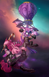 Size: 815x1280 | Tagged: dead source, safe, artist:php188, artist:vest, pinkie pie, twilight sparkle, alicorn, earth pony, pony, comic:book fort-nite sexy royale, g4, balloon, boots, clothes, cloud, cloudy, collaboration, comic, couple, duo, eyes closed, female, flying, fortnite, frightened, glider, hot air balloon, lesbian, mare, open mouth, pants, power chord (fortnite), pulling, scared, scared face, shadow ops (fortnite), ship:twinkie, shipping, shoes, sky, skydiving, suit, twilight sparkle (alicorn), twinkling balloon, weapon