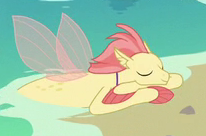 Size: 206x136 | Tagged: safe, screencap, coral sunburst, seapony (g4), g4, surf and/or turf, background sea pony, beach, cropped, cute, eyes closed, fins, picture for breezies, sleeping, solo