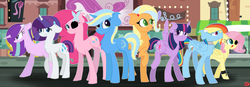 Size: 1023x354 | Tagged: safe, artist:natimlp, applejack, fluttershy, pinkie pie, rainbow dash, rarity, starlight glimmer, trixie, twilight sparkle, alicorn, pony, g4, female, glimmerdash, lesbian, ship:flutterpie, ship:rarilight, ship:tripplejack, shipping, twilight sparkle (alicorn)