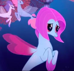 Size: 579x554 | Tagged: safe, screencap, salina blue, seapony (g4), g4, my little pony: the movie, background sea pony, bioluminescent, bubble, coral, crepuscular rays, cropped, dorsal fin, female, fin, fin wings, fins, fish tail, flowing mane, flowing tail, ocean, pink eyes, pink mane, scales, seaquestria, seaweed, solo focus, spread wings, swimming, tail, underwater, unnamed character, unnamed seapony, water, wings