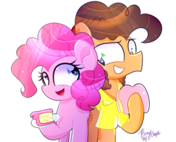 Size: 1339x1080 | Tagged: safe, artist:bubbly-storm, artist:lynchristina, cheese sandwich, pinkie pie, earth pony, pony, g4, cake, collaboration, duo, female, food, male, mare, simple background, stallion, transparent background