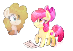 Size: 1543x1080 | Tagged: safe, artist:lynchristina, apple bloom, pear butter, earth pony, pony, g4, bow, female, filly, letter, mare, mother and daughter, simple background, transparent background