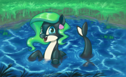 Size: 2300x1394 | Tagged: safe, artist:silverhopexiii, oc, oc only, oc:marina (efnw), orca pony, original species, whale pony, everfree northwest, female, looking at you, smiling, solo, water