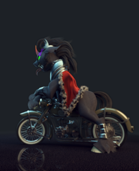 Size: 885x1088 | Tagged: safe, artist:v747, king sombra, pony, unicorn, g4, 3d, cloak, clothes, glowing eyes, male, motorcycle, solo, sombra eyes, unshorn fetlocks