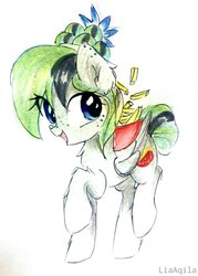 Size: 757x1056 | Tagged: safe, artist:liaaqila, derpibooru exclusive, oc, oc only, oc:feather fry, pegasus, pony, cute, ear freckles, female, flower, flower in hair, food, freckles, french fries, mare, simple background, smiling, solo, traditional art, white background