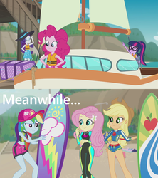 Size: 1280x1440 | Tagged: safe, edit, edited screencap, screencap, applejack, fluttershy, pinkie pie, rainbow dash, rarity, sci-twi, twilight sparkle, blue crushed, equestria girls, equestria girls series, g4, the salty sails, beach, belly button, boat, chart, clothes, geode of fauna, geode of shielding, geode of sugar bombs, geode of super speed, geode of super strength, geode of telekinesis, hat, humane five, humane six, lifejacket, map, meanwhile, midriff, rash guard, sails, sarong, surfboard, swimsuit, trunk