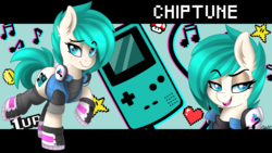 Size: 3840x2160 | Tagged: safe, artist:ciderpunk, oc, oc only, oc:chiptune, earth pony, pony, bust, chiptune, clothes, dreamworks face, full body, game, gameboy color, gamer, headphones, heart, high res, jacket, music notes, pixel art, pixelated, shoes, sneakers, socks, stars, super mario bros., video game