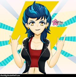 Size: 987x1000 | Tagged: safe, artist:clouddg, indigo zap, equestria girls, g4, belly button, breasts, cleavage, clothes, devil horn (gesture), ear piercing, female, human coloration, lipstick, looking at you, midriff, piercing, smiling, solo