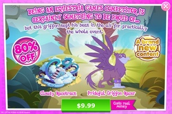 Size: 1963x1302 | Tagged: safe, gameloft, grandiloquence, griffon, g4, my little pony: magic princess, advertisement, background griffon, costs real money, game, game screencap, greed, greedloft, introduction card, male, race track, solo, spread wings