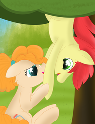 Size: 2550x3300 | Tagged: safe, artist:skyflys, bright mac, pear butter, g4, brightabetes, colored pupils, cute, daaaaaaaaaaaw, female, freckles, high res, holding hooves, looking at each other, male, pearabetes, ship:brightbutter, shipping, smiling, straight, teenager, tree, upside down