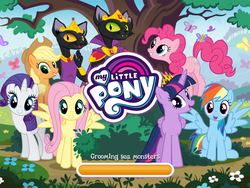 Size: 2048x1536 | Tagged: safe, gameloft, abyssinian king, abyssinian queen, applejack, fluttershy, pinkie pie, rainbow dash, rarity, twilight sparkle, abyssinian, alicorn, butterfly, cat, pony, g4, game, game screencap, implied steven magnet, loading screen, mane six, twilight sparkle (alicorn)