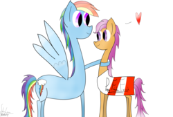 Size: 1748x1181 | Tagged: safe, artist:wonderschwifty, rainbow dash, scootaloo, pegasus, pony, g4, clothes, costume, duo, female, filly, heart, hug, impossibly long neck, kfc, mare, request, scootachicken, scootalove, simple background, smiling, thin legs, transparent background, true love, wat