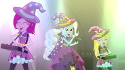 Size: 1920x1080 | Tagged: safe, screencap, fuchsia blush, lavender lace, trixie, equestria girls, g4, my little pony equestria girls: rainbow rocks, clothes, female, hat, microphone, singing, song, stage, tricks up my sleeve, trio, trio female, trixie and the illusions, trixie's hat
