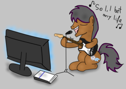 Size: 1684x1191 | Tagged: safe, artist:kacpi, oc, oc only, oc:double light, pony, dialogue, eyes closed, gray background, guitar, guitar hero, i bet my life, imagine dragons, male, microphone, musical instrument, open mouth, playing, playstation, rhythm game, rock (music), rock band, simple background, singing, solo, song reference, television