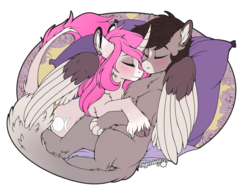Size: 1773x1347 | Tagged: safe, artist:meggchan, artist:nightskrill, oc, oc only, oc:tarot, oc:xor, classical unicorn, pony, sphinx, unicorn, blushing, cloven hooves, collaboration, couple, cuddling, curved horn, cute, ear piercing, female, floppy ears, fluffy, hooves, horn, interspecies, leonine tail, long tail, male, mare, oc x oc, paws, piercing, romantic, shipping, simple background, sleeping, smiling, snuggling, sphinx oc, straight, taror, transparent background, unshorn fetlocks, wing hold, wings