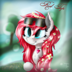 Size: 1200x1200 | Tagged: safe, artist:thefunnysmile, oc, oc only, oc:red top, pony, amulet, blurry, bust, flower, fluffy, fog, goggles, lens flare, portrait, smiling, solo, waterfall