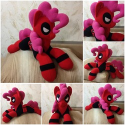 Size: 2000x2000 | Tagged: safe, artist:burgunzik, pinkie pie, earth pony, pony, g4, clothes, cosplay, costume, deadpool, high res, irl, marvel, photo, pinkiepool, plushie, prone, solo
