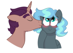 Size: 1024x740 | Tagged: safe, artist:ashidaii, oc, oc only, oc:bolster spark, oc:floral rift, pegasus, pony, unicorn, blushing, bust, female, kissing, male, mare, portrait, simple background, stallion, transparent background