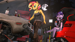 Size: 12288x6912 | Tagged: safe, artist:calveen, starlight glimmer, sunset shimmer, unicorn, anthro, plantigrade anthro, g4, 3d, absurd resolution, angry, audi, aviator sunglasses, boots, bottle, breasts, can, car, chinese, chromatic aberration, clothes, crowbar, dodge (car), drink, duo, duo female, ear piercing, earring, female, fire extinguisher, glasses, jack daniels, jerry can, jewelry, lamp, mare, mcdonald's, midriff, moon, necklace, night, pants, piercing, shirt, shoes, signature, sitting, smiling, smoke, source filmmaker, sunglasses, sweat, t-shirt, tank top, tattoo, thighs, toolbox, tree, wallpaper, wd-40, wrench