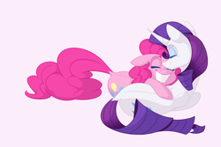 Size: 3000x2000 | Tagged: safe, artist:ogaraorcynder, pinkie pie, rarity, earth pony, pony, unicorn, rarpin, g4, curved horn, eyes closed, female, high res, horn, lesbian, mare, pink background, ship:raripie, shipping, simple background, smiling
