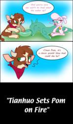 Size: 3556x6000 | Tagged: safe, artist:ithinkitsdivine, arizona (tfh), pom (tfh), tianhuo (tfh), cow, dragon, hybrid, lamb, longma, sheep, them's fightin' herds, bandana, cloven hooves, comic, community related, female, it's always sunny in philadelphia, prank, simple background, sleeping, tempting fate, this ended in pain, this will end in fire, warm water prank, water