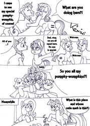 Size: 1633x2282 | Tagged: safe, artist:keriwi1, firelight, fluttershy, party favor, starlight glimmer, sugar belle, twilight sparkle, alicorn, earth pony, pegasus, pony, unicorn, g4, the cutie map, the parent map, blushing, comic, cutie map, dialogue, equal cutie mark, female, hug, male, mare, monochrome, necktie, simple background, stallion, twilight sparkle (alicorn), white background