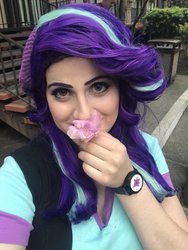Size: 768x1024 | Tagged: safe, artist:sarahndipity cosplay, starlight glimmer, human, equestria girls, g4, beanie, clothes, cosplay, costume, everfree northwest, everfree northwest 2018, flower, hat, irl, irl human, meta, photo, twitter