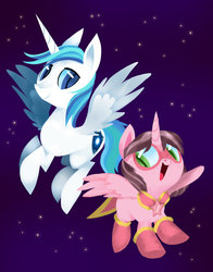 Size: 1280x1629 | Tagged: safe, artist:talonsofwater, oc, oc:astro, oc:pink, alicorn, pegasus, pony, clothes, cutie mark, duo, female, filly, looking at you, male, mask, smiling, space, stallion, stars, wings