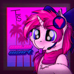 Size: 1200x1200 | Tagged: safe, artist:thefunnysmile, oc, oc only, oc:solid heart, pony, unicorn, bust, clothes, headphones, portrait, scarf, solo, synthwave, tongue out