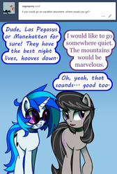 Size: 1000x1486 | Tagged: safe, artist:esuka, dj pon-3, octavia melody, vinyl scratch, earth pony, pony, unicorn, g4, comic, couple, dialogue, female, lesbian, mare, open mouth, question, ship:scratchtavia, shipping, simple background, smiling, sunglasses, tumblr