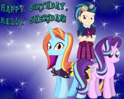 Size: 3312x2640 | Tagged: safe, artist:cyber-murph, indigo zap, sassy saddles, starlight glimmer, pony, equestria girls, g4, my little pony equestria girls: friendship games, clothes, crossed arms, crystal prep academy uniform, ear piercing, earring, goggles, happy birthday, high res, jewelry, kelly sheridan, piercing, school uniform, tribute, voice actor