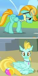 Size: 773x1531 | Tagged: safe, screencap, coral dust, lightning dust, classical hippogriff, hippogriff, pegasus, pony, g4, surf and/or turf, background hippogriff, ball, beach ball, clothes, comparison, cropped, female, goggles, headcanon, mare, prone, uniform, wonderbolt trainee uniform