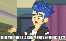 Size: 575x360 | Tagged: safe, edit, edited screencap, screencap, flash sentry, a banner day, equestria girls, g4, my little pony equestria girls: friendship games, image macro, male, meme, social justice warrior, solo