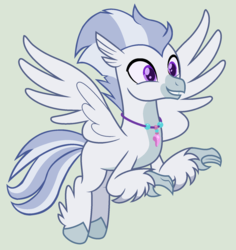 Size: 1600x1696 | Tagged: safe, artist:peregrinstaraptor, oc, oc only, oc:valour flame, classical hippogriff, hippogriff, flying, jewelry, male, necklace, simple background, smiling, solo, wings
