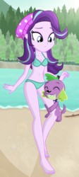 Size: 632x1409 | Tagged: safe, artist:charliexe, spike, spike the regular dog, starlight glimmer, dog, equestria girls, g4, barefoot, beach, beanie, belly button, bikini, breasts, clothes, collar, duo, eyes closed, feet, female, forest, hat, hug, leg hug, male, sand, ship:sparlight, shipping, sky, smiling, stick, straight, swimsuit, tree