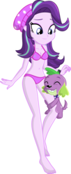 Size: 532x1309 | Tagged: safe, alternate version, artist:charliexe, spike, starlight glimmer, dog, equestria girls, g4, barefoot, beanie, bikini, breasts, clothes, cutie mark on clothes, duo, feet, female, hat, hug, leg hug, male, ship:sparlight, shipping, show accurate, simple background, spike the dog, straight, swimsuit, transparent background